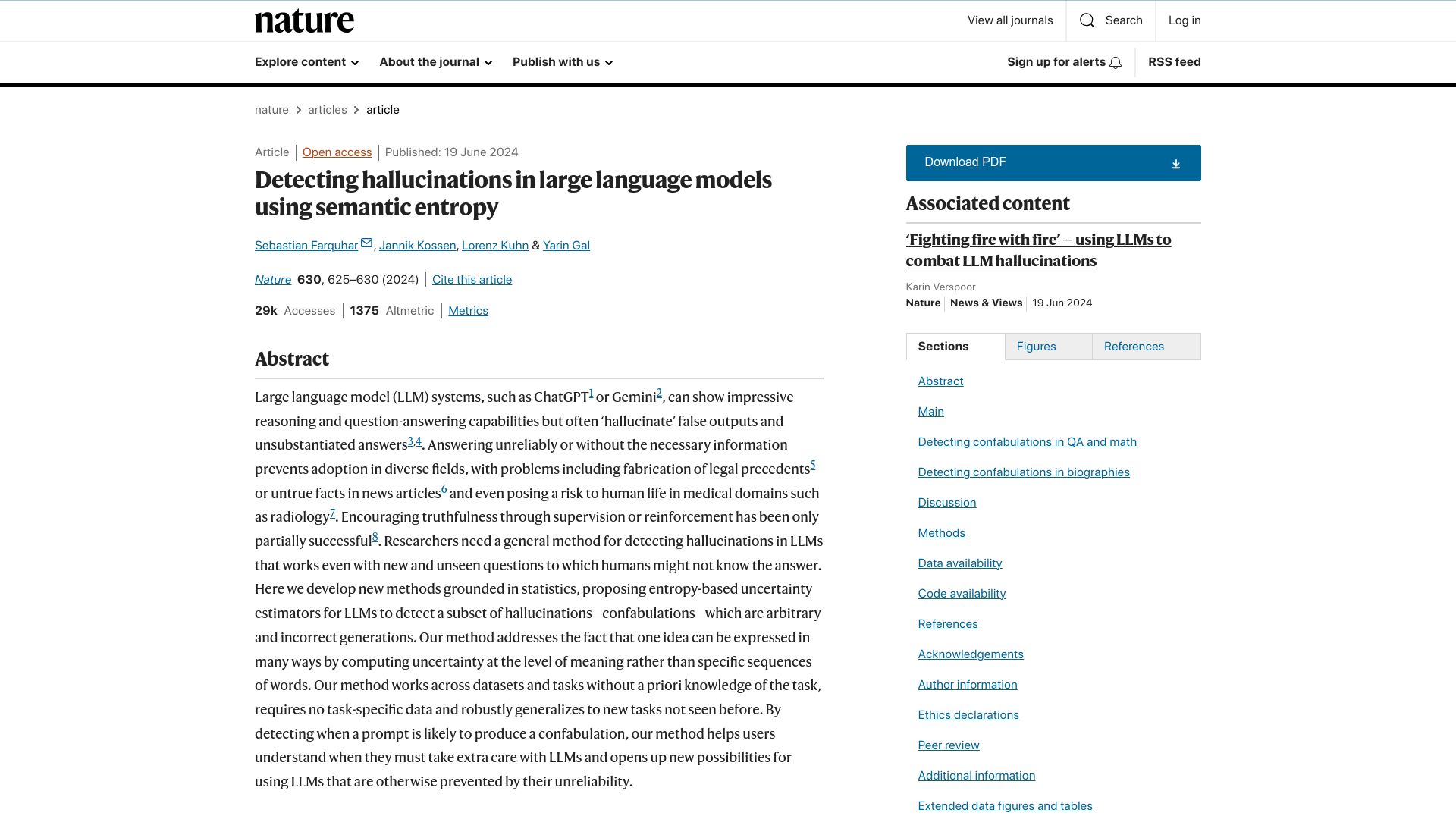 Screenshot of nature.com: Detecting hallucinations in large language models using semantic entropy