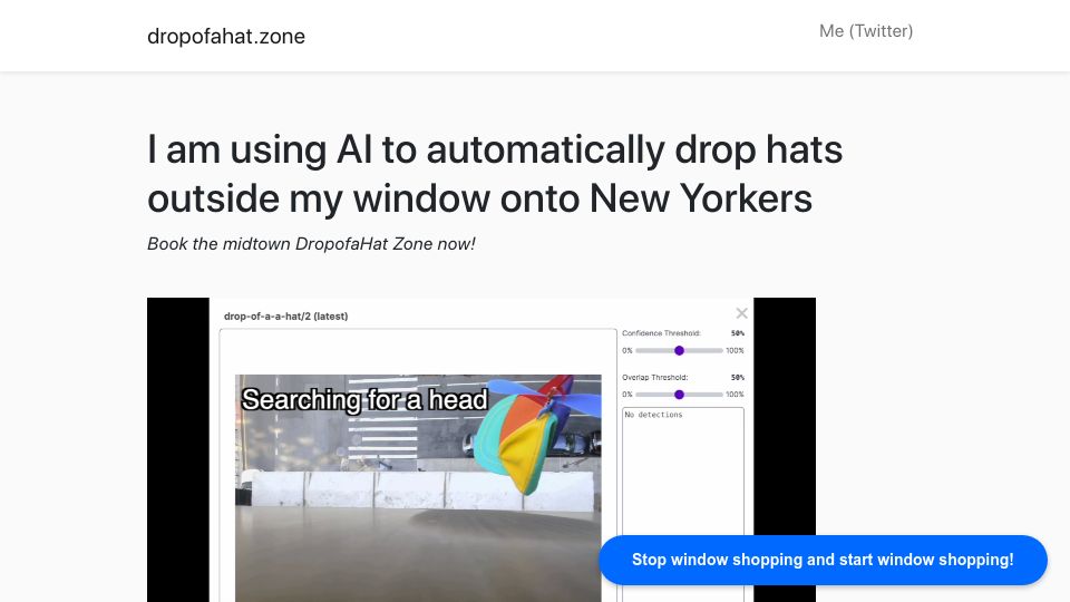 Screenshot of dropofahat.zone: I am using AI to drop hats outside my window onto New Yorkers