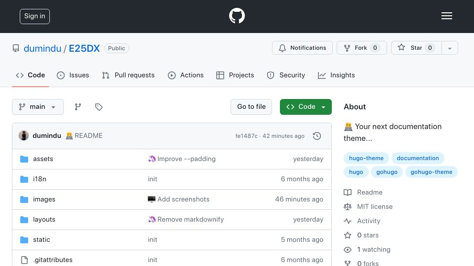 Screenshot of github.com: Just open-sourced E25DX: a modern Hugo theme for tech documentations