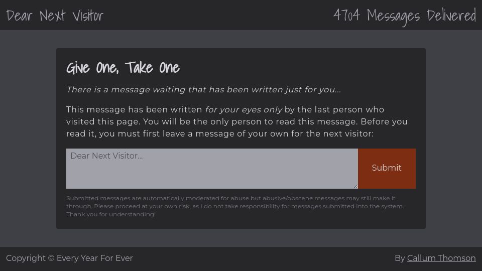 Screenshot of dearnextvisitor.com: A website where you write a message to the next visitor