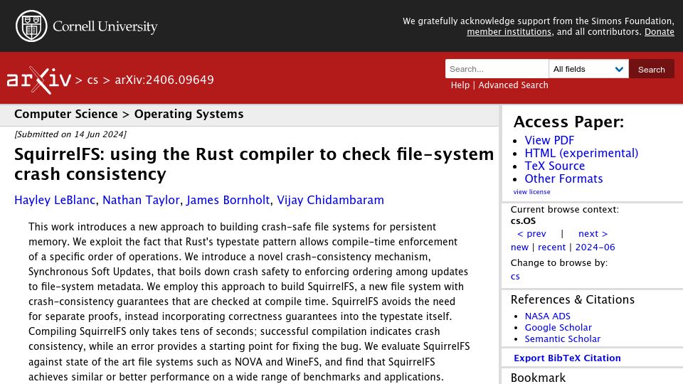 Screenshot of arxiv.org: SquirrelFS: Using the Rust compiler to check file-system crash consistency