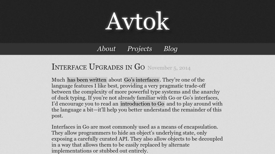 Screenshot of avtok.com: Interface Upgrades in Go (2014)