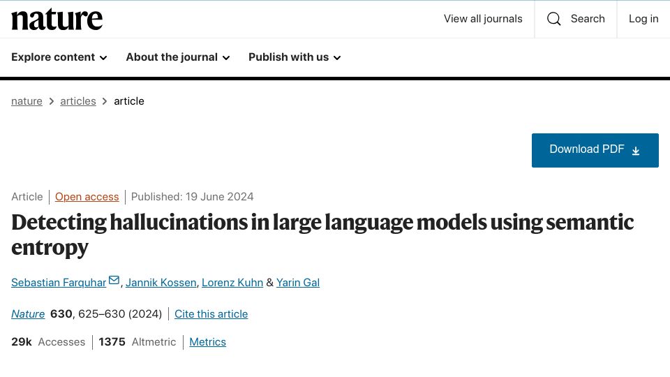 Screenshot of nature.com: Detecting hallucinations in large language models using semantic entropy