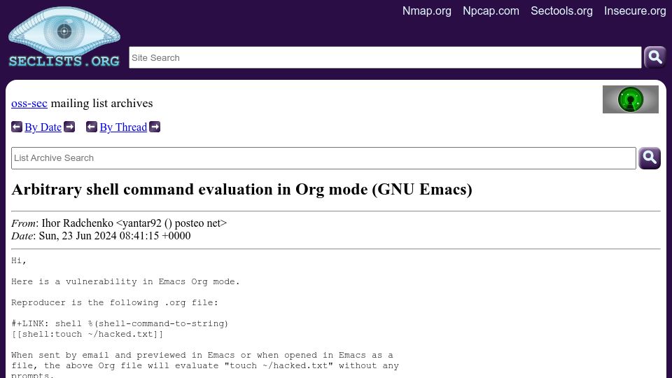 Screenshot of seclists.org: Arbitrary shell command evaluation in Org Mode (GNU Emacs)