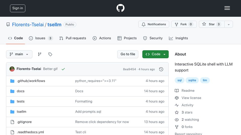 Screenshot of github.com: Show HN: Tsellm: Interactive SQLite shell with LLM support