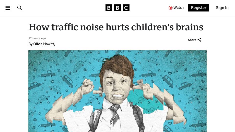 Screenshot of bbc.com: Traffic noise hurts children's brains