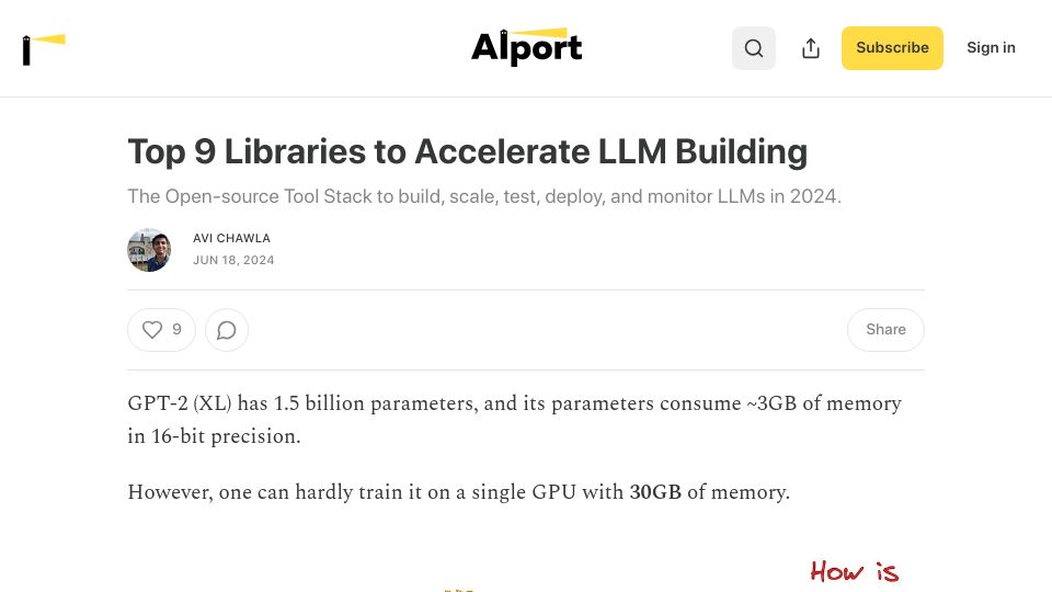Screenshot of blog.aiport.tech: Top Libraries to Accelerate LLM Building
