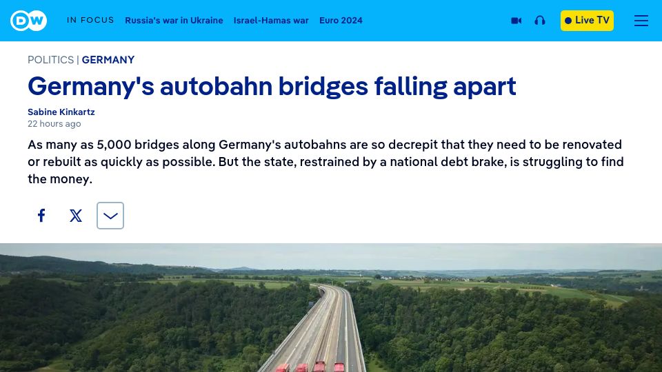 Screenshot of dw.com: Germany's autobahn bridges falling apart