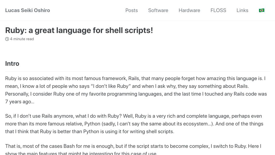 Screenshot of lucasoshiro.github.io: Ruby: A great language for shell scripts