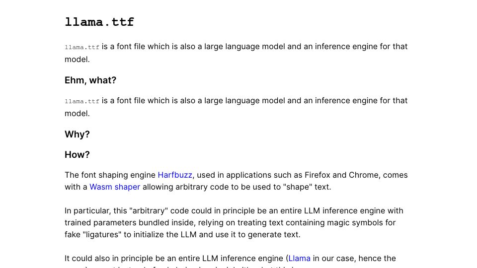 Screenshot of fuglede.github.io: Llama.ttf: A font which is also an LLM