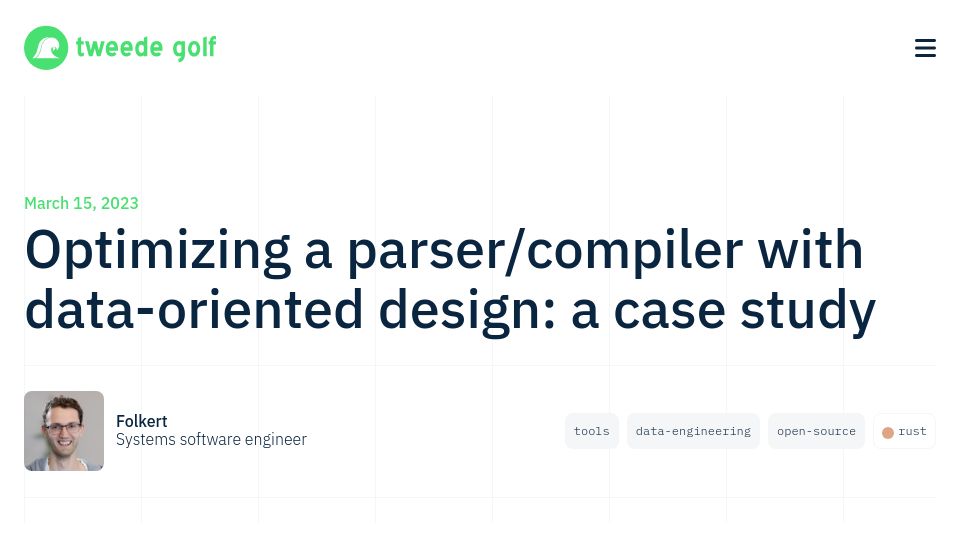 Screenshot of tweedegolf.nl: Optimizing the Roc parser/compiler with data-oriented design
