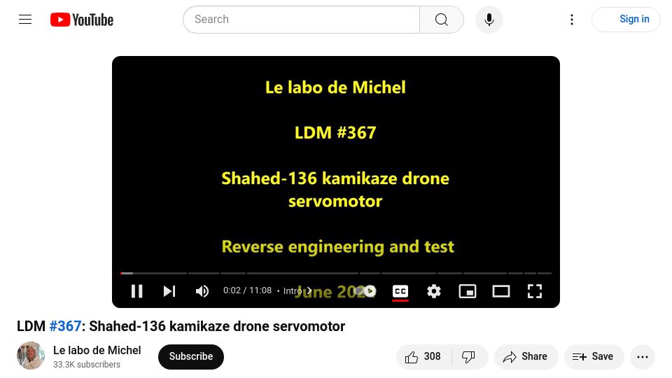 Screenshot of youtube.com: Shahed-136 kamikaze drone servomotor [video]