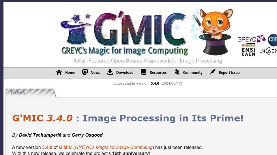 Screenshot of gmic.eu: G'mic 3.4.0: Image Processing in Its Prime