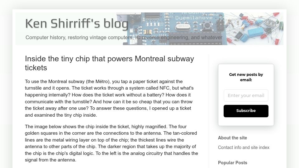 Screenshot of righto.com: The tiny chip that powers Montreal subway tickets