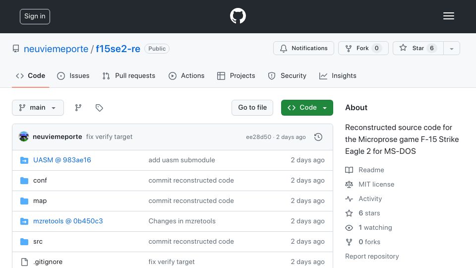 Screenshot of github.com: DOS game "F15 SE II" reversing: more stories and now on GitHub