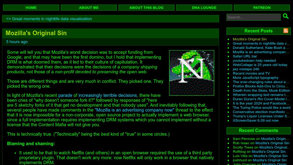 Screenshot of jwz.org: Mozilla's Original Sin