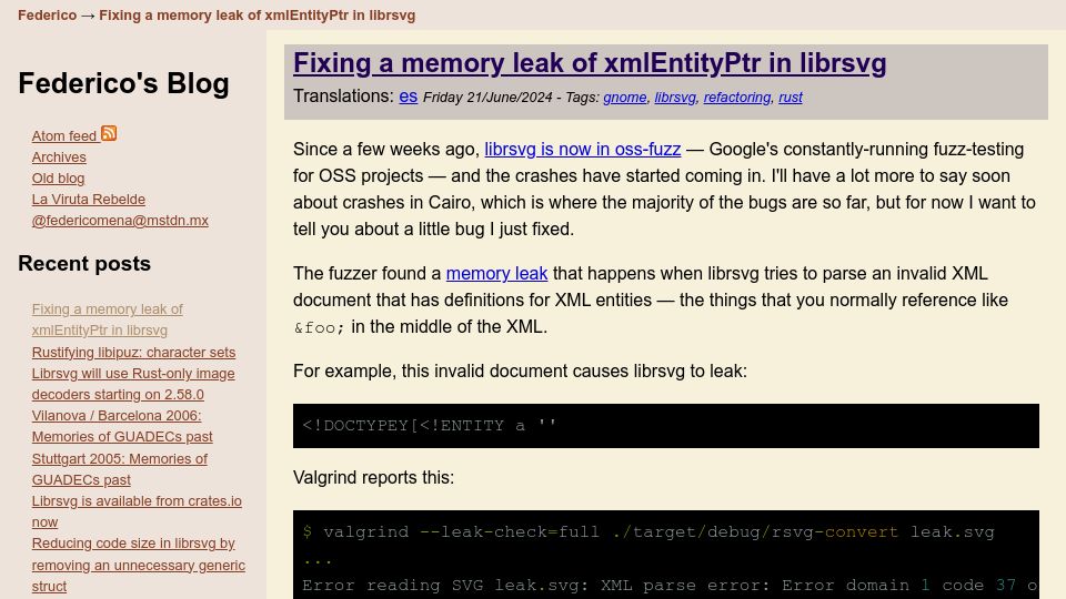 Screenshot of viruta.org: Fixing a memory leak of xmlEntityPtr in librsvg