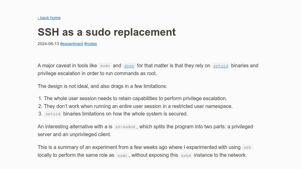 Screenshot of whynothugo.nl: SSH as a Sudo Replacement