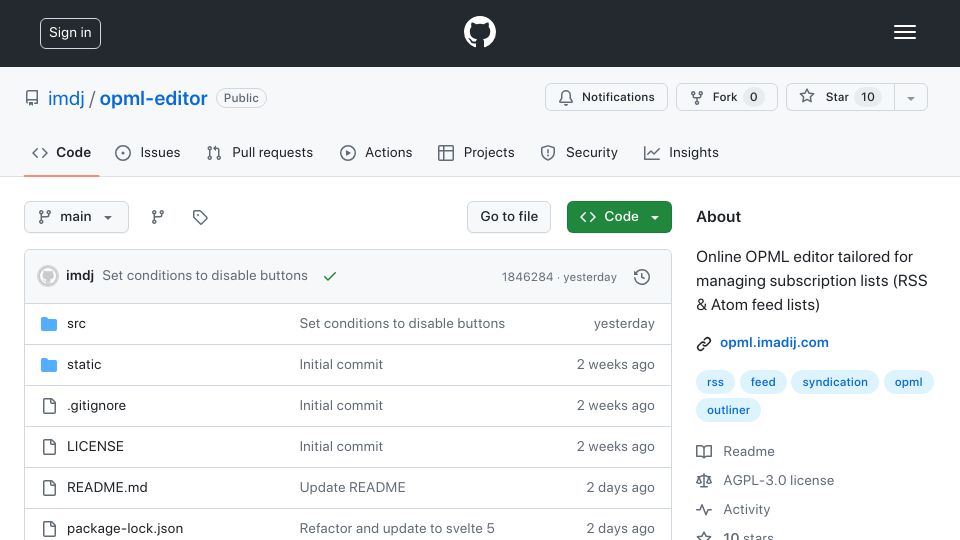 Screenshot of github.com: Show HN: Online OPML editor to manage subscription lists