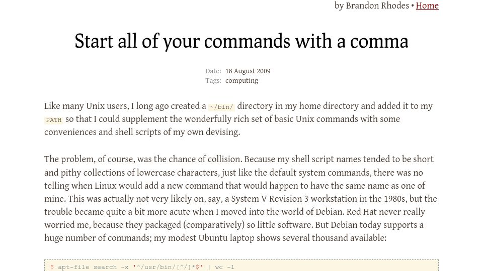 Screenshot of rhodesmill.org: Start all of your commands with a comma (2009)