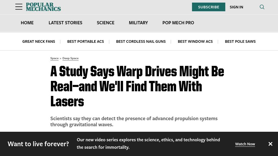 Screenshot of popularmechanics.com: A Study Says Warp Drives Might Be Real–and We'll Find Them with Lasers