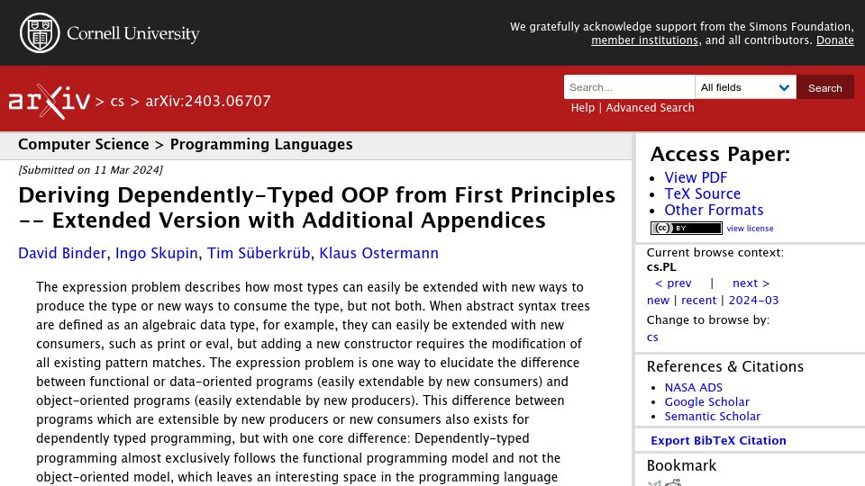 Screenshot of arxiv.org: Deriving Dependently-Typed OOP from First Principles
