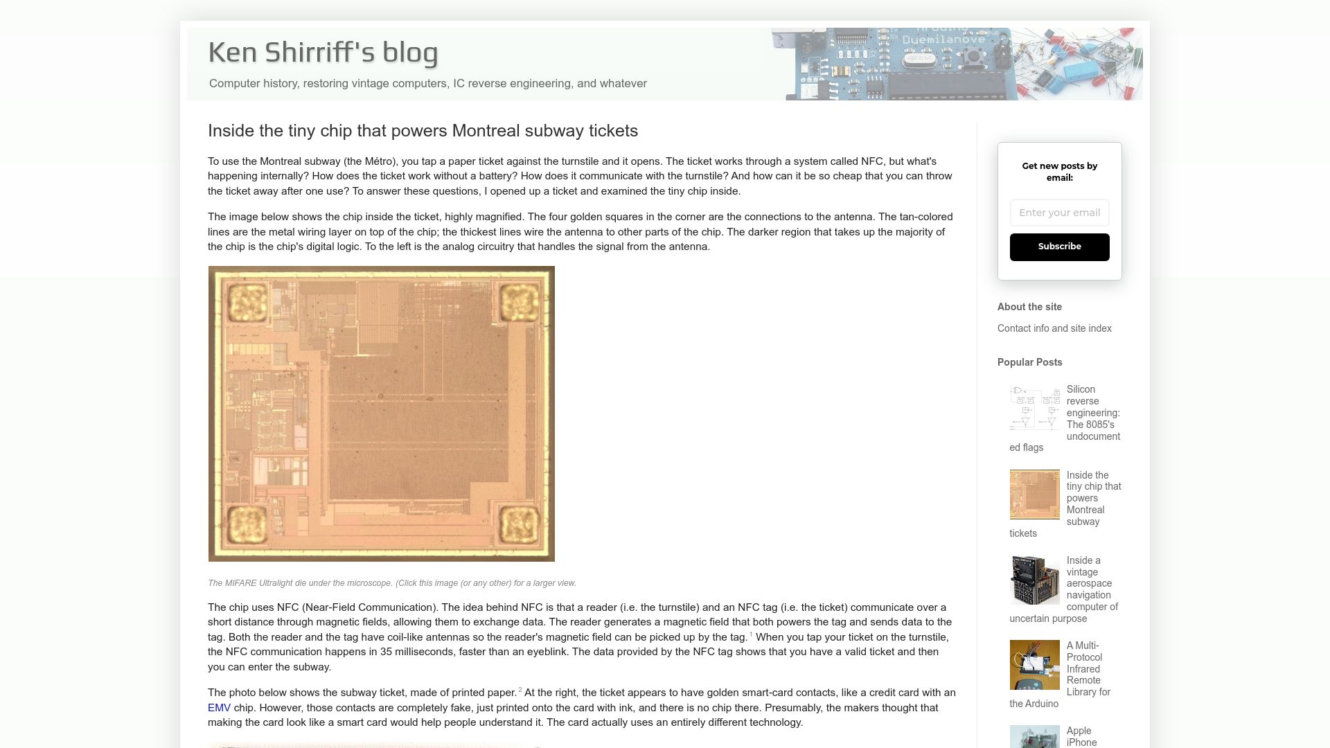 Screenshot of righto.com: The tiny chip that powers Montreal subway tickets