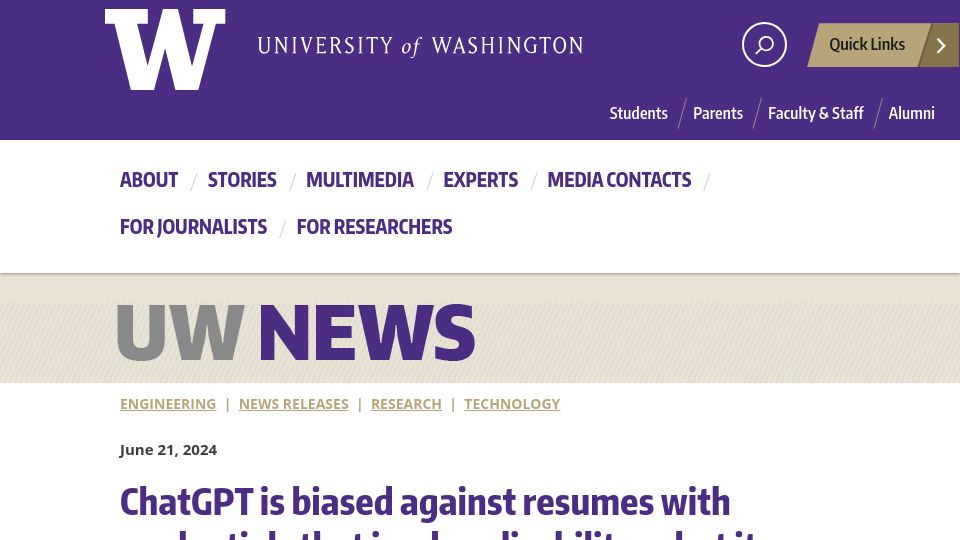 Screenshot of washington.edu: ChatGPT is biased against resumes with credentials that imply a disability