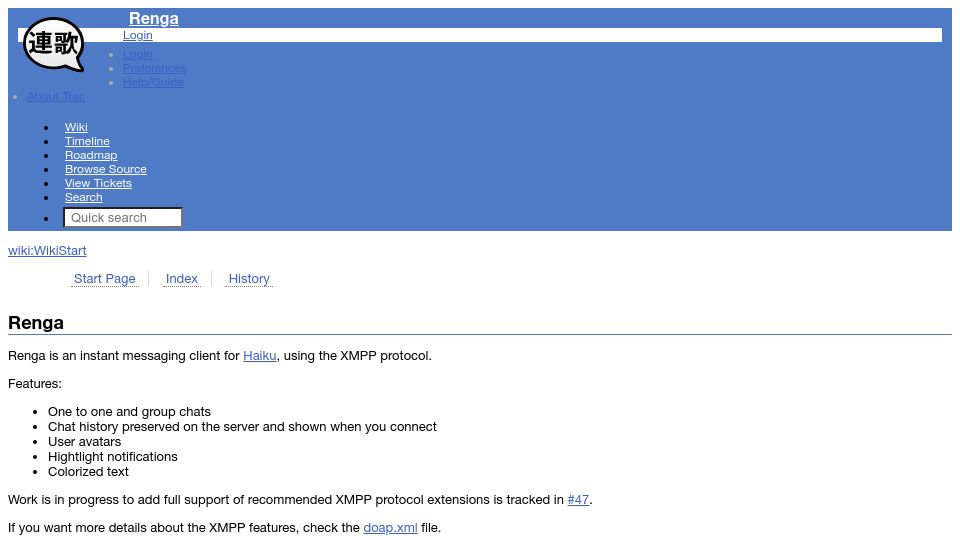 Screenshot of pulkomandy.tk: Renga 1.26 – An XMPP client for HaikuOS