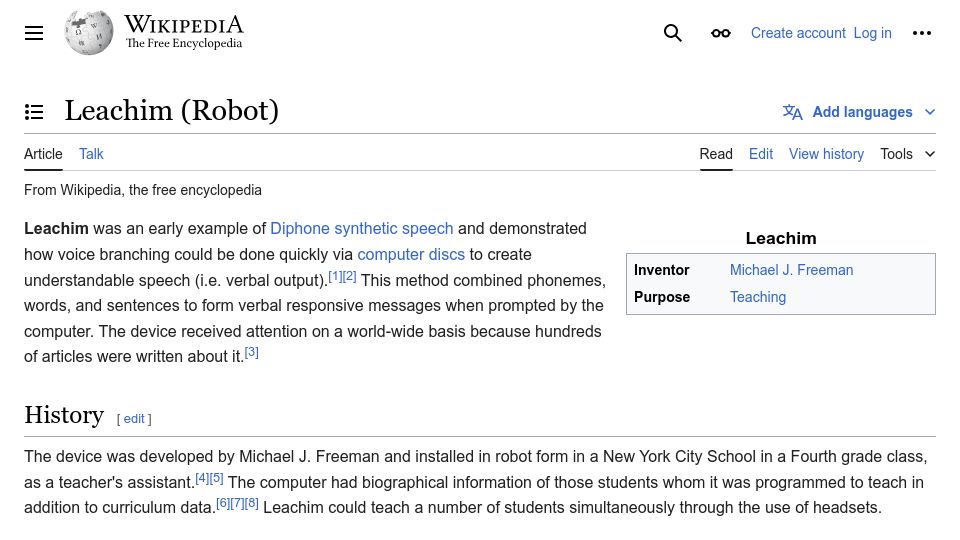 Screenshot of en.wikipedia.org: Leachim – 4th grade teaching robot