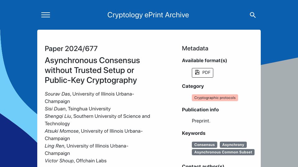 Screenshot of eprint.iacr.org: Asynchronous Consensus Without Trusted Setup or Public-Key Cryptography