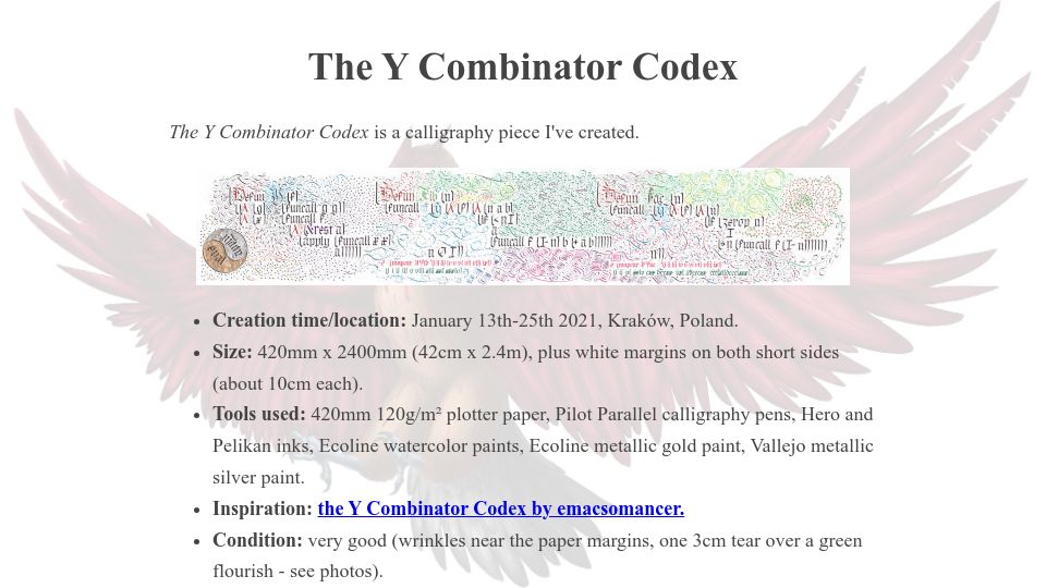 Screenshot of phoe.github.io: Y combinator codex (2021)