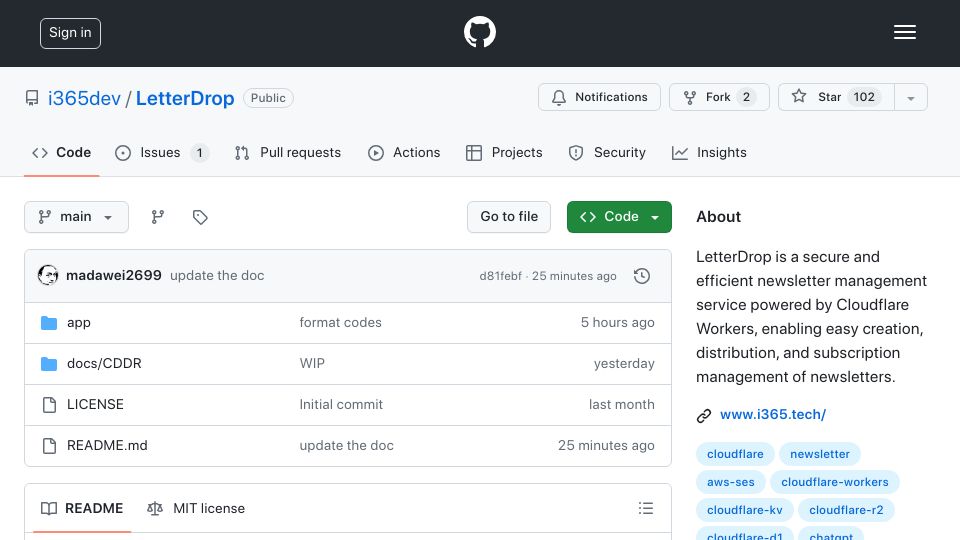 Screenshot of github.com: TinyLetter Shut Down by Mailchimp, So I Built the LetterDrop
