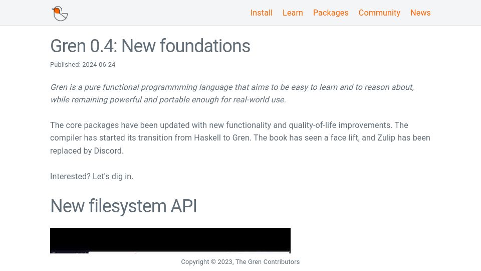 Screenshot of gren-lang.org: Gren 0.4: New Foundations