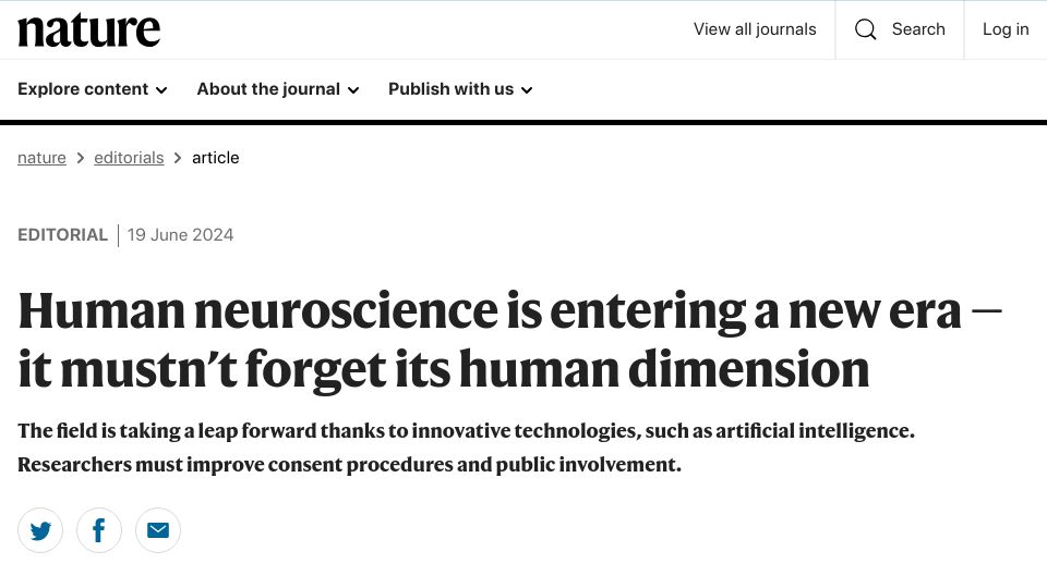 Screenshot of nature.com: Human neuroscience is entering a new era – it mustn't forget its human dimension