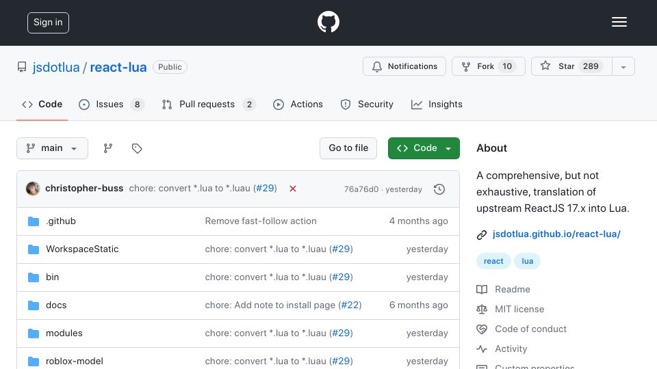 Screenshot of github.com: React Lua