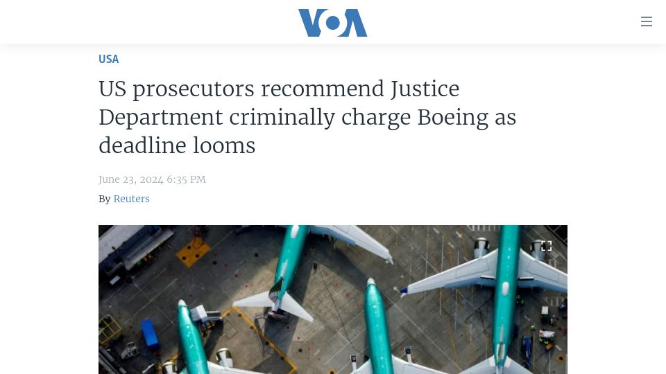 Screenshot of voanews.com: US prosecutors recommend Justice Department criminally charge Boeing