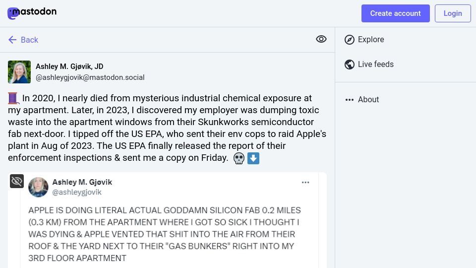 Screenshot of mastodon.social: EPA releases report on Apple's hazardous waste violations in urban silicon fab