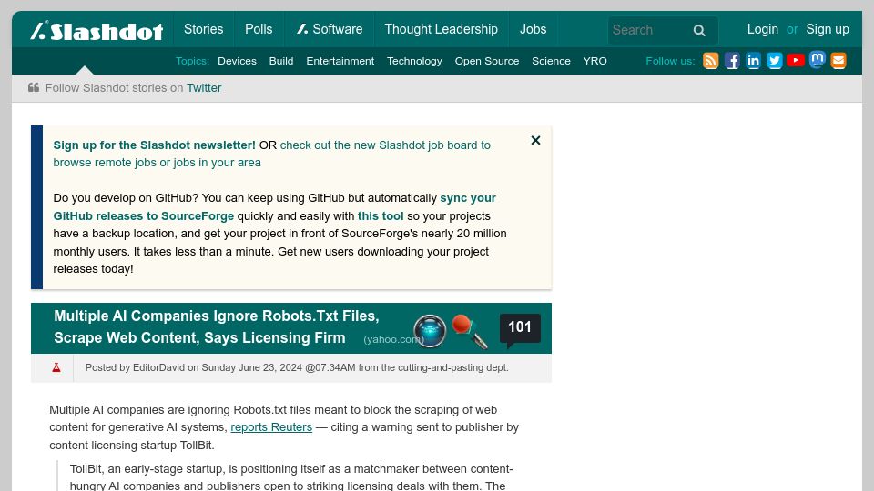 Screenshot of news.slashdot.org: Multiple AI Companies Ignore Robots.Txt Files