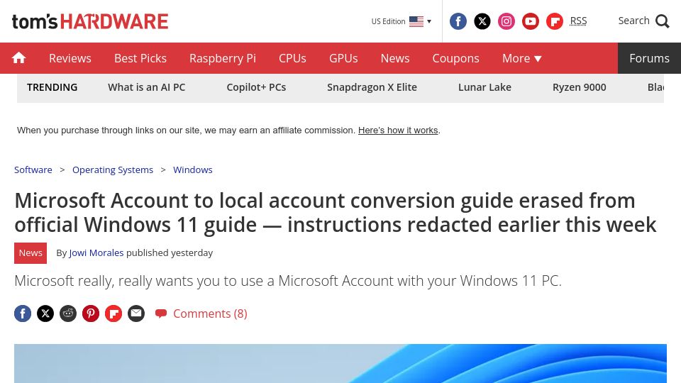 Screenshot of tomshardware.com: Microsoft Account to local account conversion guide erased from Windows 11 guide