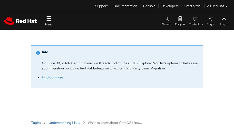 Screenshot of redhat.com: CentOS Linux 7 will reach EOL on Sunday