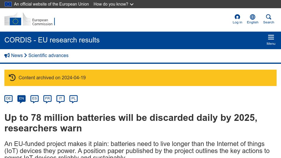 Screenshot of cordis.europa.eu: Up to 78M batteries will be discarded daily by 2025, researchers warn