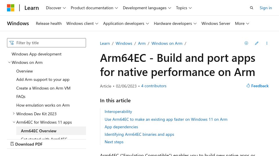 Screenshot of learn.microsoft.com: Arm64EC – Build and port apps for native performance on Arm