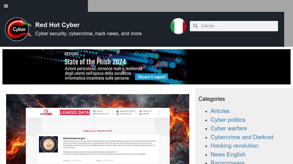 Screenshot of redhotcyber.com: Lockbit 3.0 Claims Attack on Federal Reserve: 33 Terabytes Allegedly Compromised