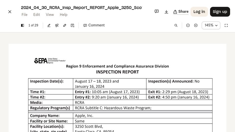 Screenshot of dropbox.com: US EPA Enforcement and Compliance on Apple Fabrication