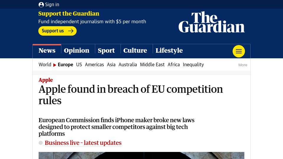 Screenshot of theguardian.com: Apple found in breach of EU competition rules