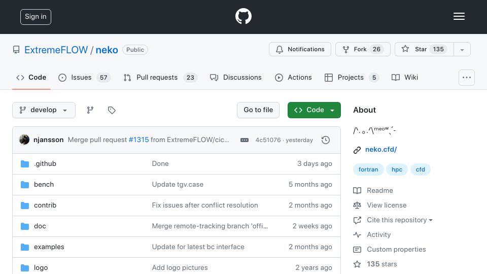 Screenshot of github.com: Neko: Portable framework for high-order spectral element flow simulations