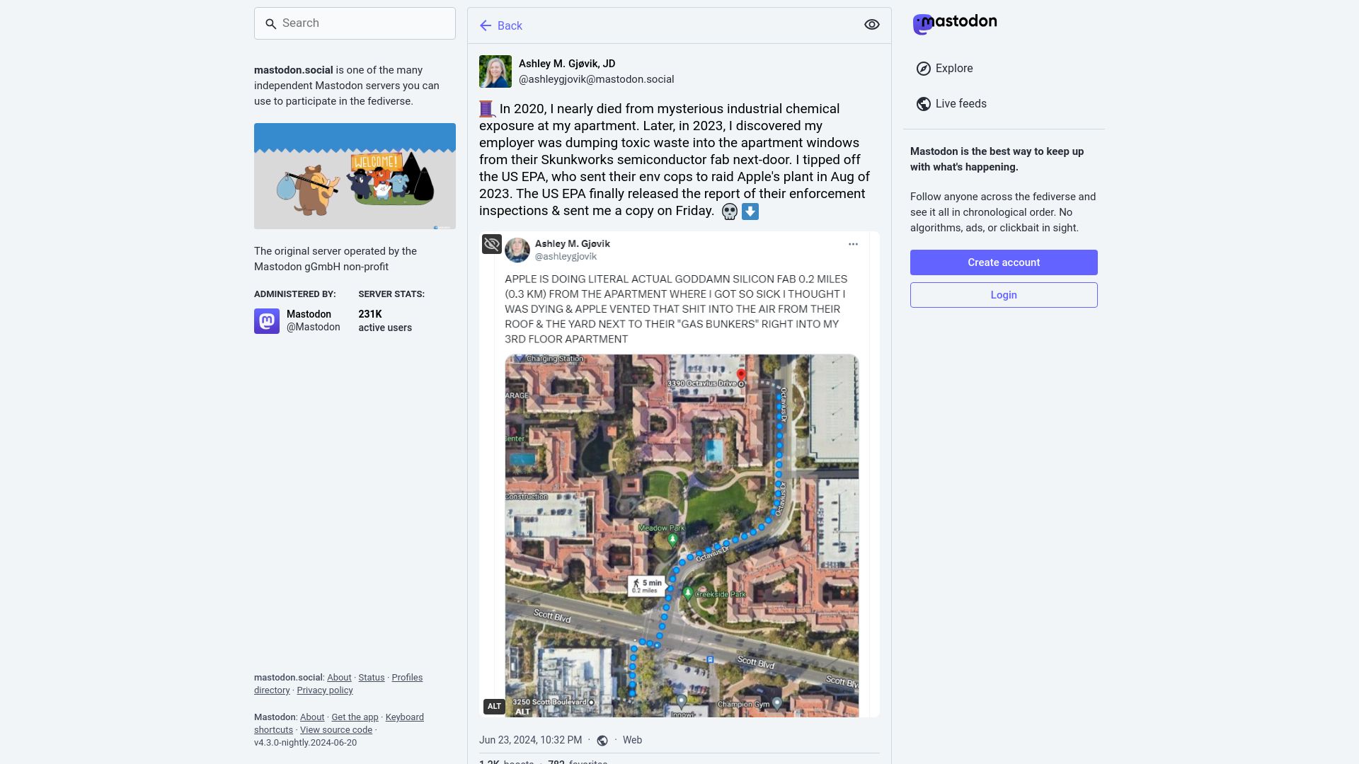 Screenshot of mastodon.social: EPA releases report on Apple's hazardous waste violations in urban silicon fab