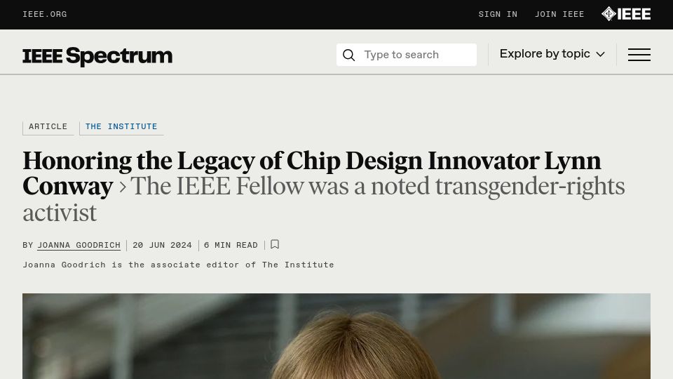 Screenshot of spectrum.ieee.org: Honoring the Legacy of Chip Design Innovator Lynn Conway