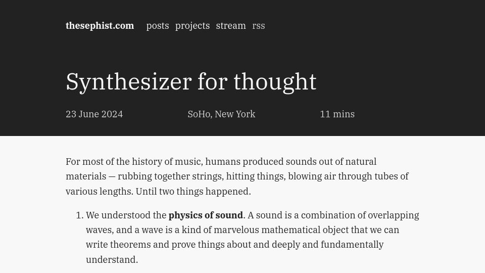 Screenshot of thesephist.com: Synthesizer for Thought